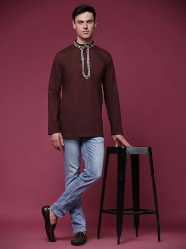 Image of SKAVIJ Men's Cotton Embroidered Kurta Shirt - Long Sleeve Traditional Indian Tunic for Casual