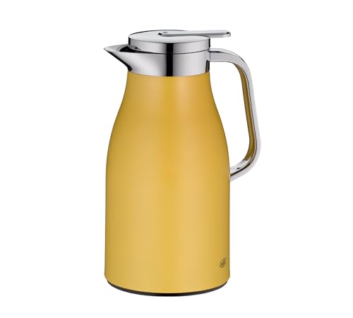 alfi SKYLINE 1,0l, spicy mustard mat, Edelstahl-Isolierkanne mit hygienischem Hartglaseinsatz, Drehverschluss mit bequemer Drucktaste, ergonomischer Griff, mit einer Hand, ideal als Kaffeekanne
