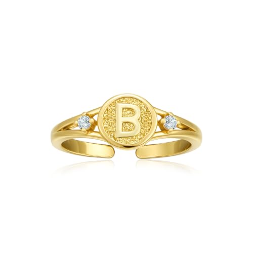 Kyerlyn Adjustable B Letter Gold Rings for Women Non Tarnish Open Chunky 14K Gold Plated Stacking Cubic Zirconia Ring Trendy Statement Promise Wedding Bands Engagement for Gifts Jewelry
