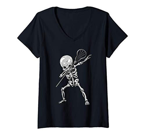 Mujer Funny Lacrosse Skeleton Halloween Apparel, Costume Sport Camiseta Mujer Cuello V