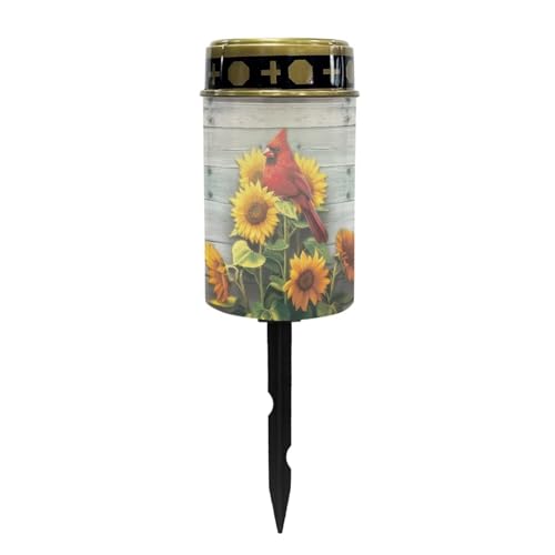 Image of Poceacles Cardinal Sunflower Wood Grain Solar Lights Outdoor Solar Powered Outdoor Cemetery Stake Candle Grave Solar Lamp Landscape Lighting Waterproof Grave Flameless Candle
