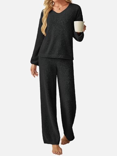 GKBK Womens 2 Piece Outfits Knit Pajama Sweater Sets Fuzzy Fleece Long Sleeve Top Wide Leg Pants Loungewear Matching Lounge Set 2026 Fall Winter Trendy Outfits Black M — view 5