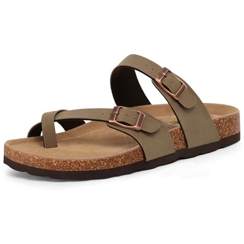 Image of KIDMI Women's Cork Footbed Sandals with Toe Loop, Comfortable Summer Slip-On Slides with Adjustable Buckle