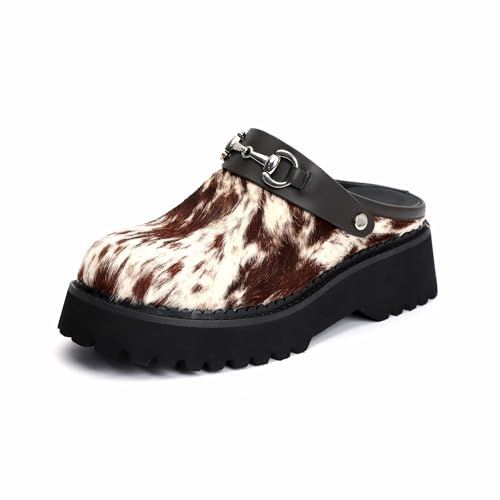 Women’s Platform Designer Clogs with Slingback Strap, Chunky Slip-On Mules for Women, Fashion Cowhide Clog Sandals with Thick Sole, Casual Comfort for Everyday Brown