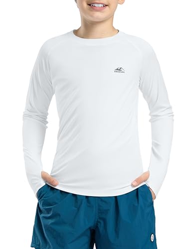 Boy's UPF 50+ Sun Protection Shirt Long Sleeve Swim Shirts Youth Fishing Shirt(A-White,14+ Years)