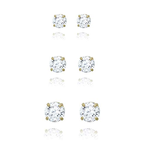 AVORA 3-pair 10K Yellow Gold Round Simulated Diamond CZ Stud