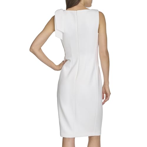 Image of Calvin Klein Women's Sleeveless Bow Shoulder Detail Knee Length Crepe Sheath Dress
