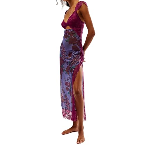 Image of Women Y2K Lace Patchwork Floral Maxi Dress Sexy Cutout V-Neck Bodycon Party Dress Slit Backless Going Out Dress (Purple, L), Large