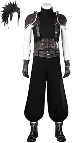 Mdeucew Mens Rebirth Cosplay Zack Fair Costume Black Armour Suit Fantasy Halloween Outfits Vest Top Pants Full Set，Black with Wig：Medium