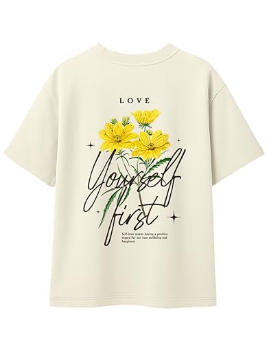 Image of Oversized Cotton T-Shirt for Women Half Sleeve - Love Yourself First Printed Tee - Breathable Loose Fit Motivational Casual Wear for College and Daily Outfits