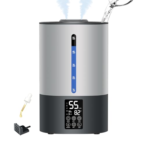 5L Humidifiers for Bedroom and Plants, Ultrasonic Cool Mist Humidifier for Baby home Mist Top Fill Desk Humidifier Essential Oil Diffuser, Quiet Humidifiers with Adjustable Mist,360°Nozzle-Gray