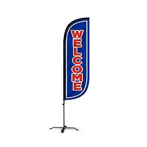 Image of LookOurWay Feather Flag Set - 5ft Tall Advertising Banner Flag with Pole Kit and X-Stand for Business Promotion - Welcome Blue /Red
