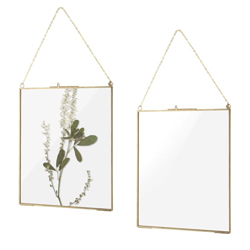 CYEER Schwebender Glasrahmen zum Aufhängen, 25 x 20 cm, goldener Glas-Bilderrahmen mit Kette, Kupfer-Bilderrahmen, vertikale Dekoration, Karte, Kunstwerk, Bild-Display-Halter für Mini-Foto, gepresste