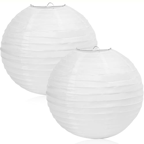 Image of 2 x Pendant Lamp Shade for Bedrooms, Living Rooms, Hallways, Weddings, Parties, Events, 30cm/12 Diameter Round Lantern, Hanging White Paper Lampshade, Ribbed Ceiling Light Lampshade