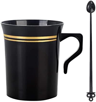 Nervure 60 Pack Black Plastic Coffee Mugs with 60 PCS Black Coffee Stirrers - 8oz Disposable Coffee Cups with Handles & 5inch Coffee Stirrers - Plastic Tea Cups with Gold Rim for Wedding and Party