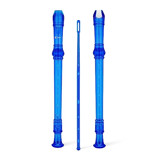 SWAN Soprano Recorder Instrument for Beginners Children - Baroque Style 8 Hole Flute Detachable 3pcs ABS Descant Recorders with Cleaning Rod and Fingering Chart, SW8KT, Transparent Blue