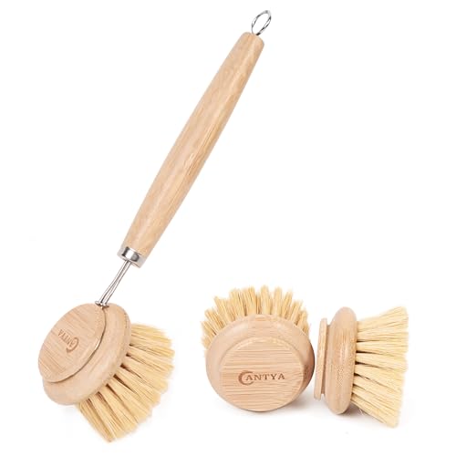 Image of Bamboo Scrub Brush with Handle - Soft Bristles, Non Toxic Dish Brush, Compostable & Biodegradable, Bamboo Dish Scrubber for Cookware, Bowls and Plates, Non-Stick Pans