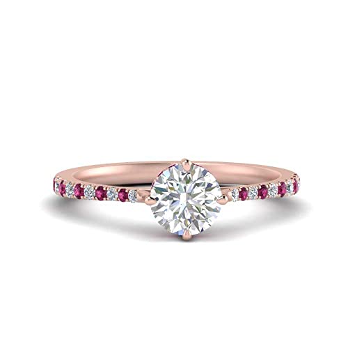 Image of Choose Your Gemstone Compass Point Under Halo Round Engagement Ring Rose Gold Plated Round Shape Side Stone Engagement Rings Lightweight Office Wear Everyday Gift Jewelry US Size 4 to 12