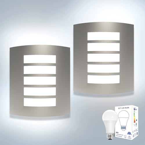 Unikcst 2X Outside Wall Lights Mains Powered Curved Stainless Steel Exterior Wall Sconce IP44 Waterproof Outdoor Light for Patio Porch Indoor, Incl. 12W LED E27 Bulbs Cool White