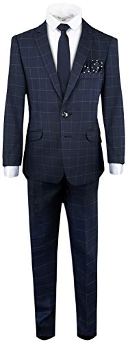 Black n Bianco Signature Boys  Slim Fit Suit Complete Outfit (8, Windowpane Mid Navy)