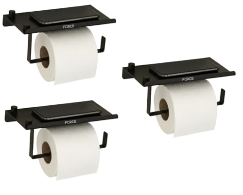 Image of Force Toilet Paper Holder with Shelf - Pack of 3 - Wall Mounted Rustproof Stainless Steel Bathroom Tissue Roll Holder with Raised-Edge Storage Shelf - Matte Finish - Modern & Durable Design Black