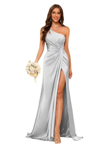 Image of vintys Women's One Shoulder Ruched Bridesmaid Dresses Long with Slit Satin Formal Prom Dress VS117