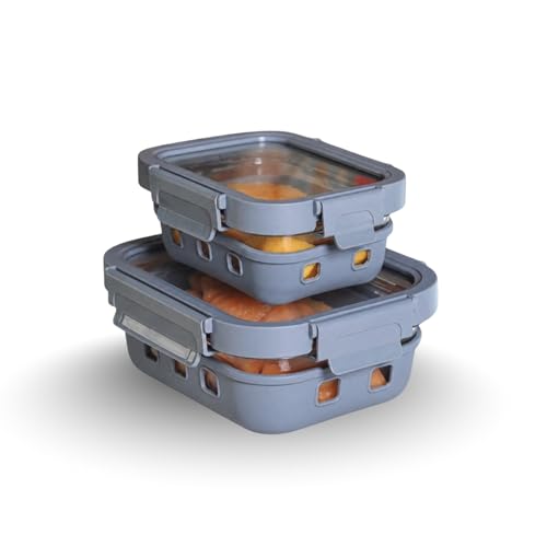 Image of Griplok Glass Lunch Box with Leakproof Lid, Borosilicate Food Storage Container with Silicone Sleeve, Airtight, Microwave /Dishwasher Safe (Glacier Blue, 1x370ml + 1x640ml)