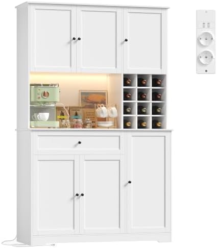 FirFurd Küchenschrank mit Weinregal, LED Buffetschrank, Sideboard für Küche | Küchenschrank mit Arbeitsplatte & Weinregal für 12 Flaschen, Küchenbuffet Steckdosenleiste, Vorratssch