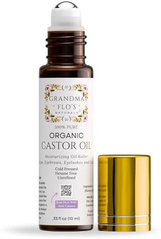 Pure Organic Castor Oil Roll On For Lips, Eyebrows, Under Eyes, Eyelashes and Cuticles - Easy, Less Mess Moisturizer Roller ball Cold Pressed, Hexane Free, Unrefined, Glass Bottle - Travel Size (10ml)