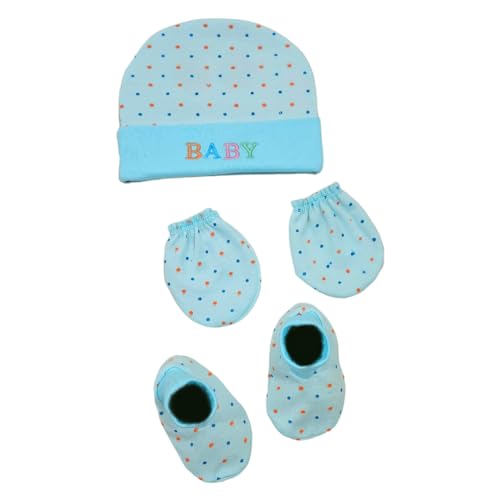 Image of BRANDONN Newborn Baby's Cotton Cap Mitten Bootie Set 0-6 Months, Pack Of 3 (0-6 Months),Assorted