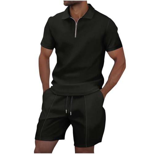 Dmmtot Conjunto de chándal para hombre, polo Henley con media cremallera, camisas y pantalones cortos, 2 piezas, traje de verano, ropa deportiva, suave, transpirable, gimnasio, fitness, golf, polo,