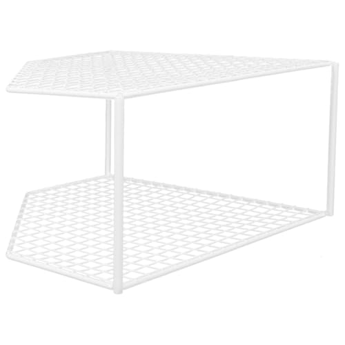 GLEAVI 2-tier Kitchen Pan Organizer Corner Shelf Unit White Iron Table Top Organizer Elevated 18cm Multi-function Draining Rack for Household Kitchen Storage