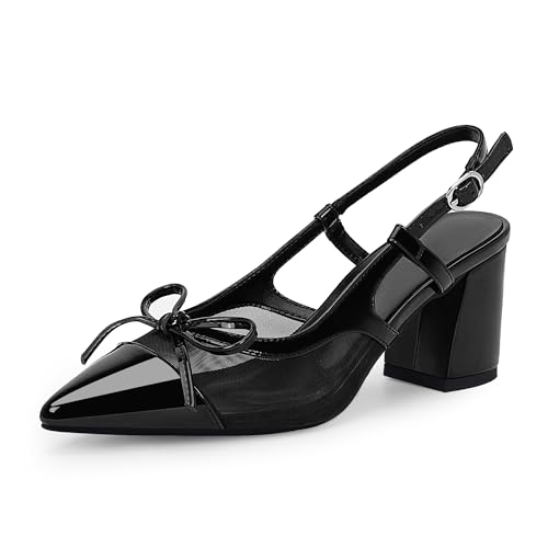 Women’s Black Pointed Toe High Heels – Elegant Mesh Bowknot Block Heel Pumps with Ankle Strap for Party Wedding Office Wear