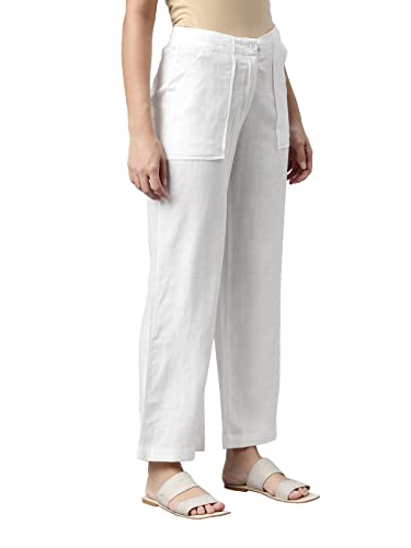 Image of GO COLORS Solid Linen Cargo Pants for Women | Full Length, Mid Rise, Side Pockets