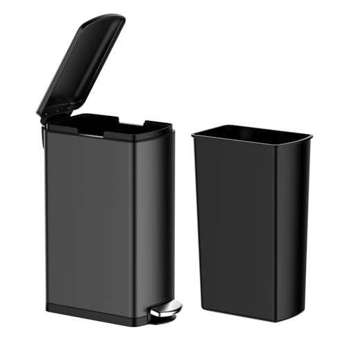 Image of GarveeHome 8 gal Trash Can, Slim Kitchen Trash Can with Soft Close Lid, Stainless Steel Garbage Can with Removable Bucket, Rectangular Waste Bins for Kitchen, Bathroom, Office, Black