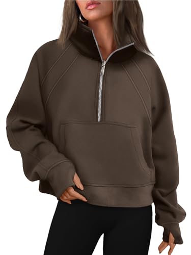 WYNNQUE Womens Quarter Zipper Pullover Oversized Sweatshirts Cropped Fleece Half Zip Hoodies Fall Clothes Sweaters Thumb Hole, Coffee, Large