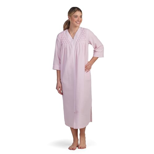 Miss Elaine Long Seersucker Women's Robe, Pockets and Zipper with Front Embroidered Trim, Sleepwear & Loungewear
