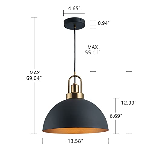 Vintage Pendant Light Fixture 13.58'' Rustic Dome Black And Gold Farmhouse Pendant Lighting Brass Socket Pendant Lamp Wire Length 78.74'' For Kitchen Island, Dining Room, Hallway, Bedroom, Living Room #TOP1