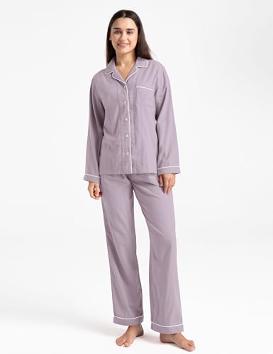 Image of Womens Muslin Pajama Set 100% Cotton Double Gauze Linen Like | Breathable Soft Comfort Button Up Loungewear Sleepwear PJ Set