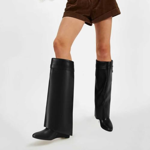 Fold over Boots for Women Knee High Black Boots Pointed Toe Wedge Heel Wide Calf Faux Leather Shark Boot with Padlock3