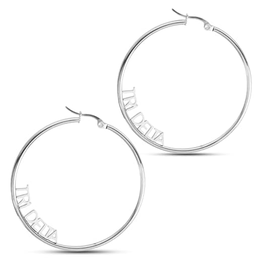 Sorority Shop Delta Delta - Brincos delicados banhados a prata para mulheres - Joias Tri Delta com argolas ideais de 5 cm de diâmetro - Presentes Tri Delta, Prata, Sem pedra preciosa