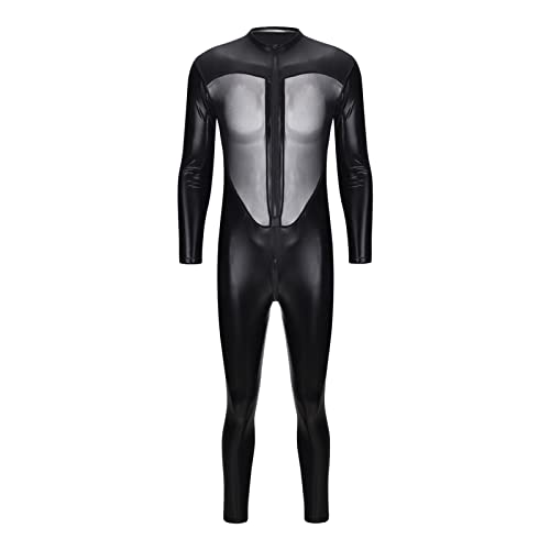 Maiyifu-GJ Men's Faux Leather Mesh Bodysuit One Piece Long Sleeves See Through Leotard Wetlook Sheer Zipper Crotch Clubwear (Black,XX-Large)