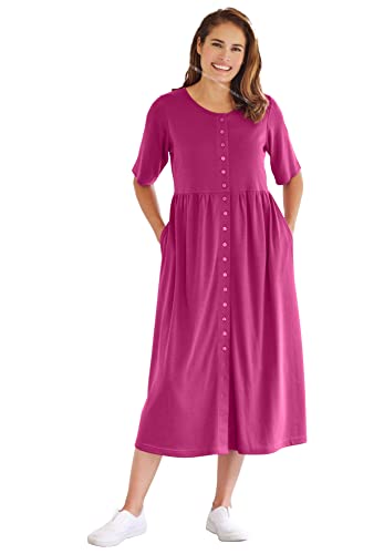 Woman Within Women's Plus Size Button-Front Essential Dress - 1X, Black Multi Garden #TOP4