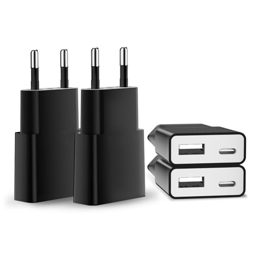 5W USB Ladegerät, 5V 1A 2 Port USB C+ USB A Netzteil Stecker, Slim USB Netzstecker Adapter Steckdose Ladestecker für iPhone, Samsung Handy,MP3, eBook Reader und Mehr (Schwarz-4Pack)