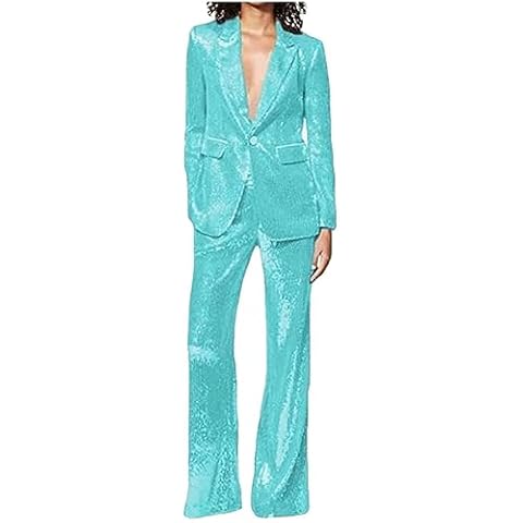 Women's Sequined Fashion Suit Set One Button 2 Piece Wedding Tuxedos Blazer Pants Prom Party Outfit Ice Blue M Cover