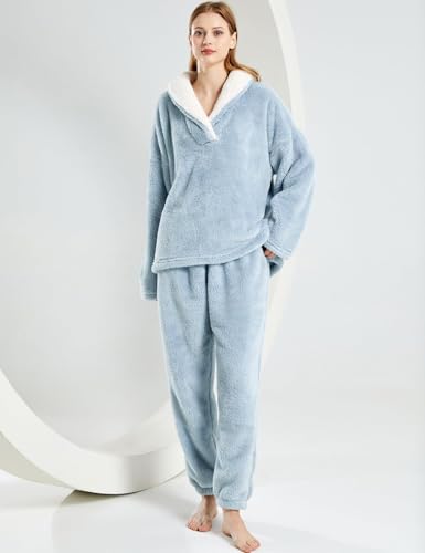 Gihuo Women' s Fluffy Pajamas Set Fleece Pullover Pants Loose Plush Sleepwear 2 Piece Pjs Set Warm Loungewear Fuzzy3