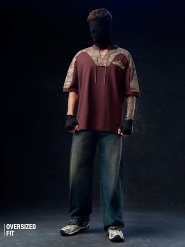 Image of The Souled Store Vikings: Longship Men and Boys Short Sleeve Rpund Neck Brown Embroidered Cotton Oversized Lightweight Breathable Drop Shoulder Streetwear T-Shirts