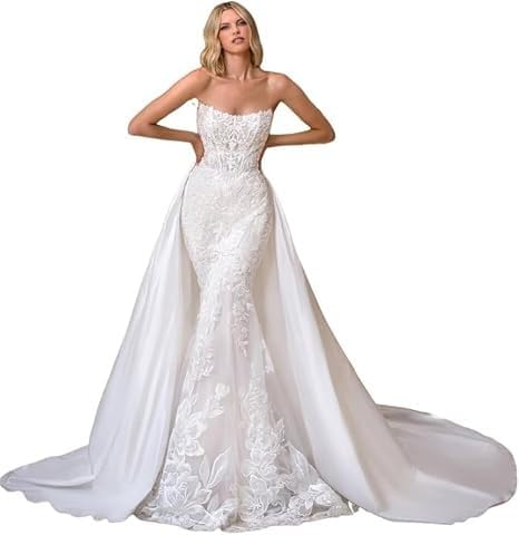 Off Shoulder Lace Applique Wedding Dress for Bride Strapless Mermaid Tulle Bridal Ball Gown with Detachable Train