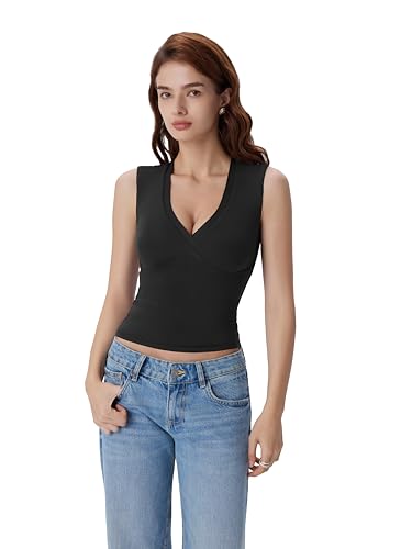 Image of SUUKSESS Women Built in Bra V Neck Tank Tops Double Lined Summer Going Out Camisole Tops