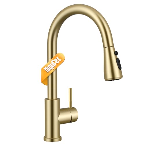 Hiqufet Grifo de Cocina Monomando: Diseño de Arco Alto, Brazo Extraíble con 3 Modos y Giro 360°, Oro Cepillado
